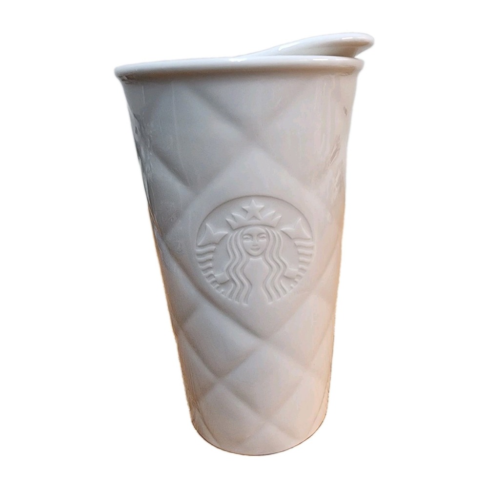 Starbucks 2012 Travel Mug Tumbler with Lid White Quilted Mermaid Ceramic 10 oz